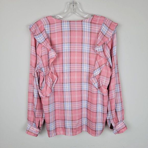 Bobeau Pink Blue Ruffle Button Down Long Sleeves Plaid Babydoll Shirt Size XS - Picture 2 of 12